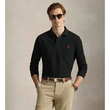 Polo Ralph Lauren Slim Fit in Piqué Nero, Maniche Lunghe