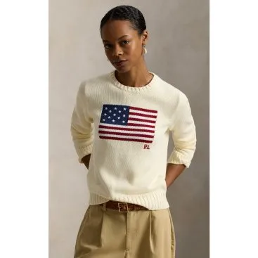 Polo Ralph Lauren Maglia in Cotone con Bandiera - Beige, XS