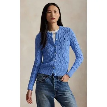 Polo Ralph Lauren Cardigan in Cotone Blu con Motivo a Trecce L