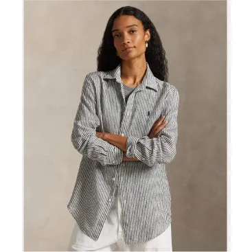 Polo Ralph Lauren Camicia Classic Fit in Lino a Righe - Grigio/Nero