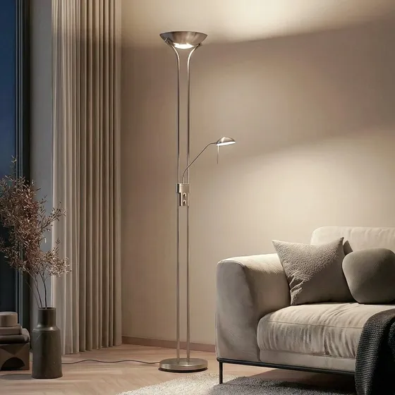 Lindby Lampada da terra LED Josefin, Nichel, con Luce da Lettura
