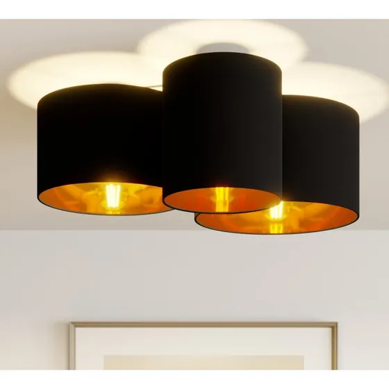 Lindby Plafoniera Laurenz Nero/Oro con 3 Paralumi in Tessuto