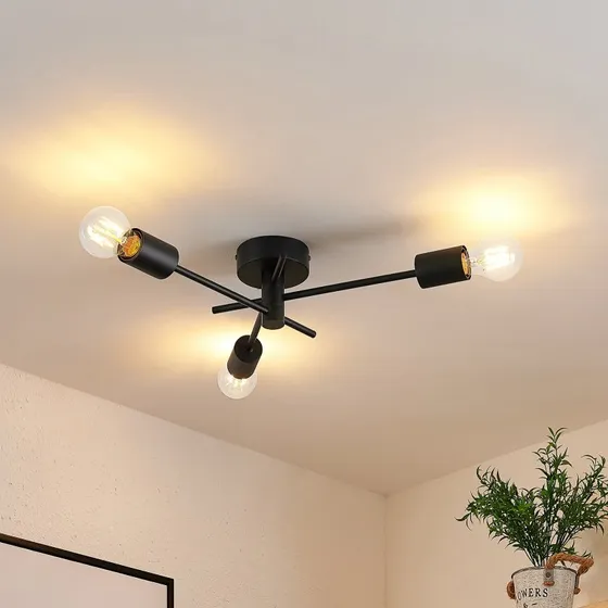 Plafoniera Lindby Cerros, 3 Luci E27, Nero in Metallo