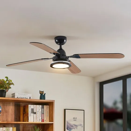 Lucande Tedric Ventilatore da Soffitto LED Nero e Rovere 133 cm