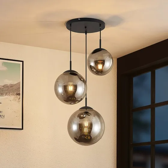 Lindby Lampada a Sospensione Teeja Fumo - 3 Luci in Vetro Ø52cm