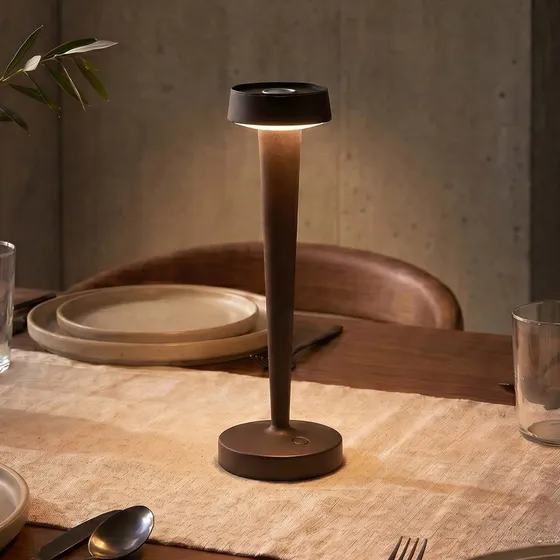 Lucande Portacandele LED Lea Ricaricabile, Vaso Marrone Scuro, 28cm