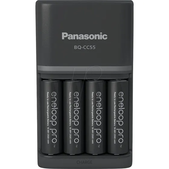 Panasonic BQ-CC55E Caricabatterie con 4 Batterie AA Eneloop Pro 2500 mAh Nero
