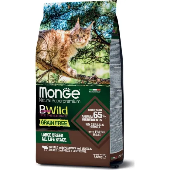 Monge BWild Grain Free Gatti Large Breed Bufalo, Patate e Lenticchie 1,5 Kg