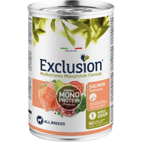 Exclusion Mediterraneo Monoproteico Salmone Cibo Umido per Cani 400g