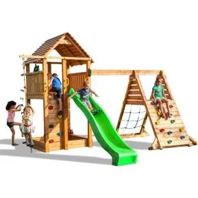 Parco Giochi in Legno 560x445x305 cm con Scivolo, Sabbiera e Corda Arrampicata