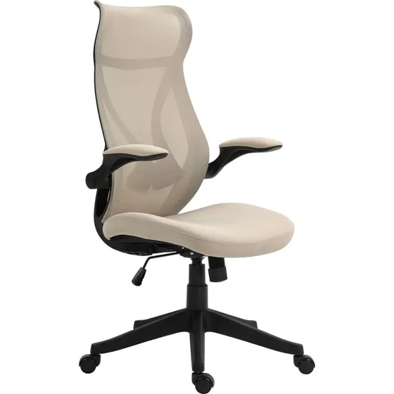 HOMCOM Sedia Ufficio Beige con Braccioli Ribaltabili, Altezza e Schienale Regolabili