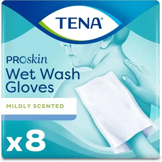 Tena ProSkin Wet Wash Gloves - Guanti per l'igiene senza risciacquo, 8 pz