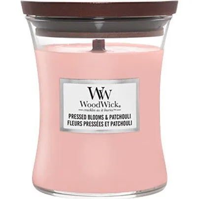 WoodWick Candela Profumata Pressed Blooms & Patchouli con Stoppino in Legno