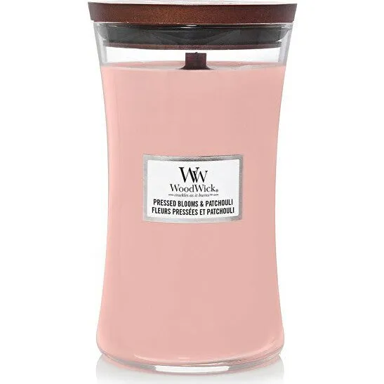 WoodWick Candela Profumata Pressed Blooms & Patchouli con Stoppino in Legno