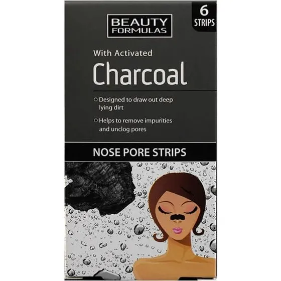 Beauty Formulas Strisce Purificanti al Carbone Attivo per il Naso, 6 pz