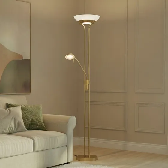 Lampada da pavimento LED Lindby Yveta, Ottone e Vetro Bianco, 183 cm