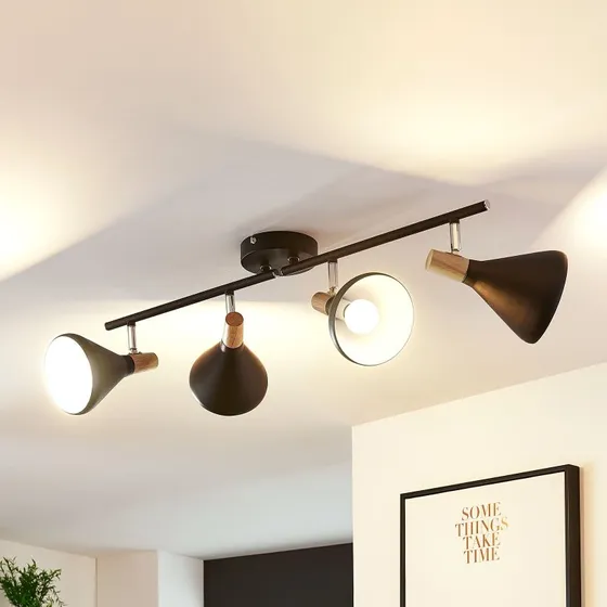 Lindby Plafoniera Arina Black a 4 Luci con Dettagli in Legno