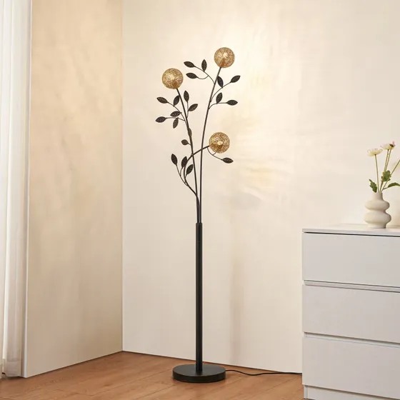 Lucande Piantana Evory Nero/Oro - Lampada da Terra 3 Luci