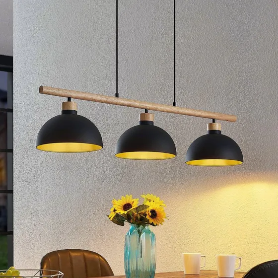 Lindby Lampada a Sospensione Tirzana, 3 Luci, Nero e Legno