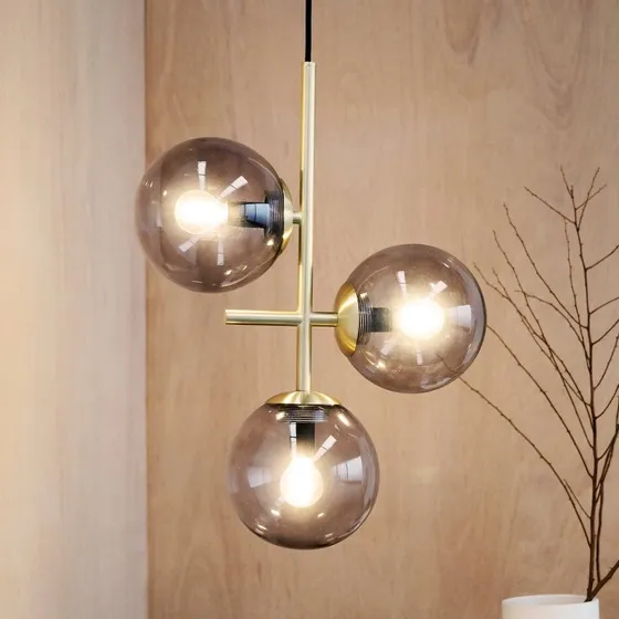 Dyberg Larsen Lampada a Sospensione Como, 3 Luci, Ottone e Vetro Fumé
