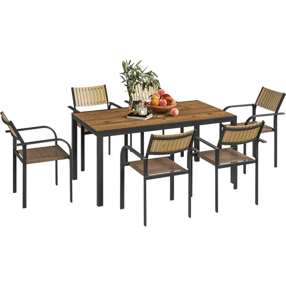 Outsunny Tavolo Allungabile con 6 Sedie Impilabili Marrone