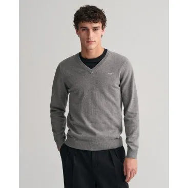 Gant Maglione in Cotone con Scollo a V Grigio - XXL