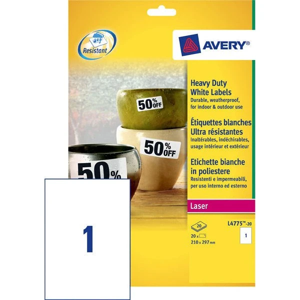 Avery Etichette Poliestere Bianche 210x297 mm - L4775-20