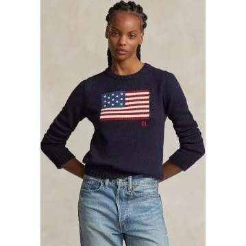 Polo Ralph Lauren Maglia in Cotone Blu Navy con Bandiera (S)