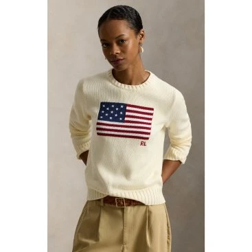 Polo Ralph Lauren Maglia in Cotone con Bandiera - Beige, XS