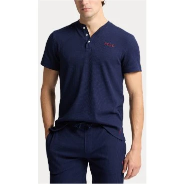 Polo Ralph Lauren Maglietta Henley Blu Navy in Cotone Waffle