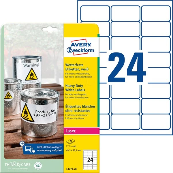 Avery Zweckform L4773-8 Etichette Impermeabili, 63,5 x 33,9 mm