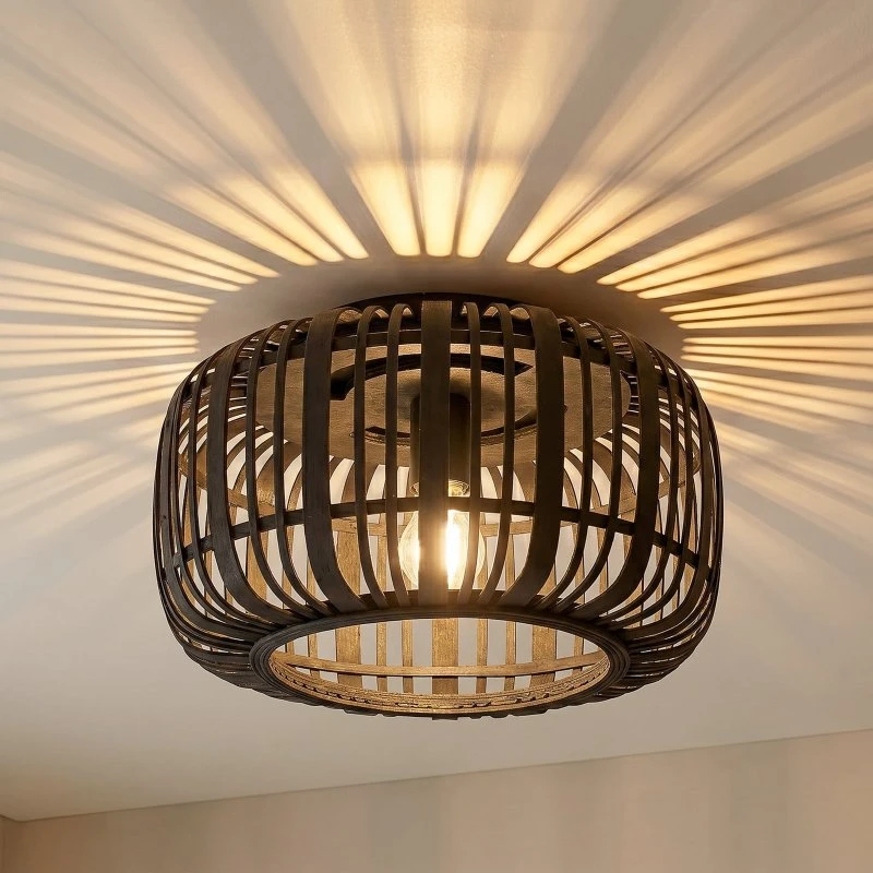 Plafoniera Lindby Canyana in Rattan Nero, Ø 40 cm