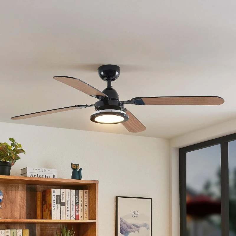 Lucande Tedric Ventilatore da Soffitto LED Nero e Rovere 133 cm