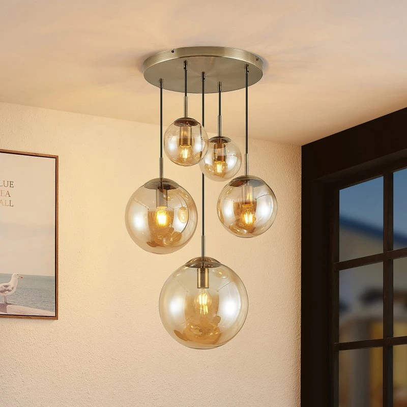 Lampada a sospensione Lindby Teeja, ambra, 5 luci, vetro, Ø50cm