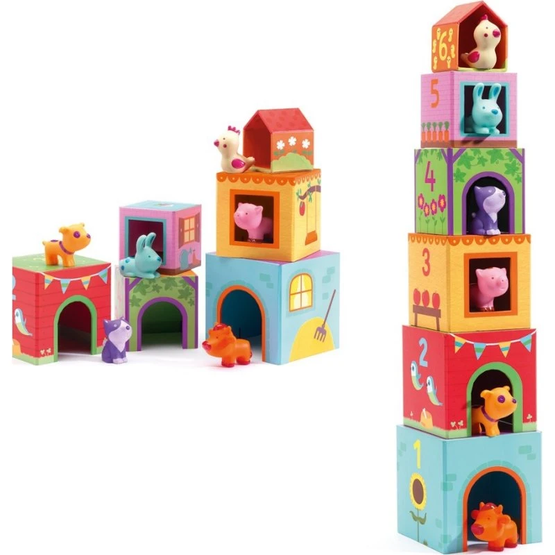 Djeco Tane dei Cuccioli Fattoria - Cubi Impilabili con Animali