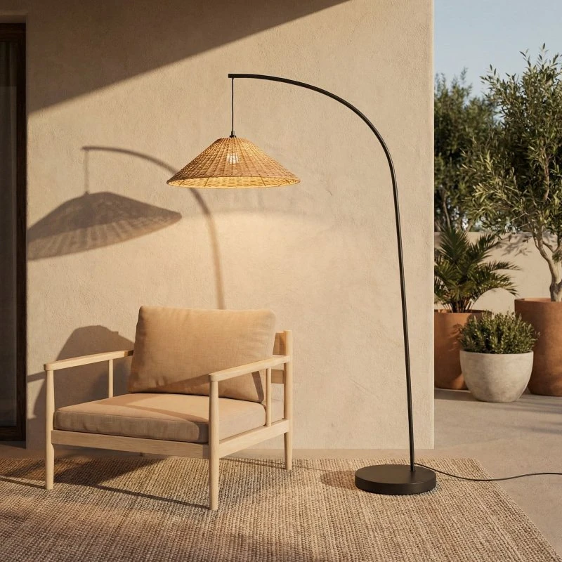 Lucande Lampada da terra da esterno Taniola, rattan, 195 cm, IP44