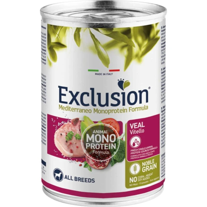 Exclusion Mediterraneo Monoproteica Vitello Cibo Umido per Cani Adulti 400g