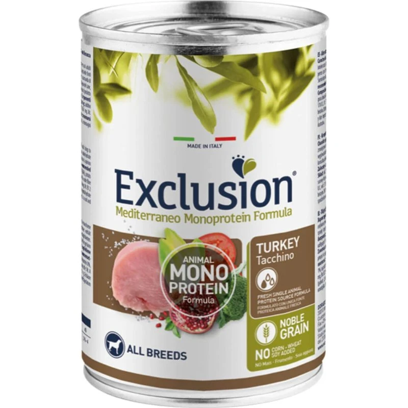 Exclusion Mediterraneo Monoproteico Tacchino Cibo Umido per Cani 400g