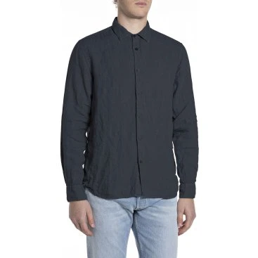 Replay Camicia in Lino Blu Navy Regular Fit