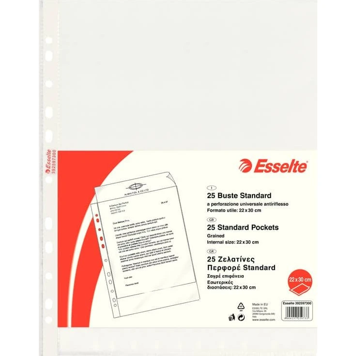 Esselte Buste a Foratura Universale Standard 22x30 cm PP Antiriflesso (25 pezzi)