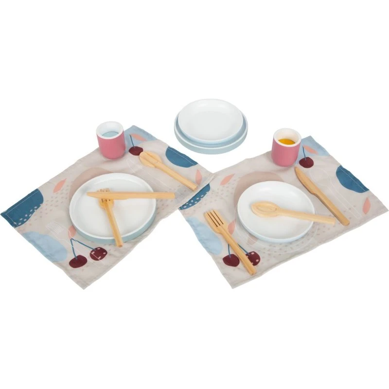 small foot Set da pranzo Tasty 18 pezzi, legno naturale blu fumo/rosso bacca