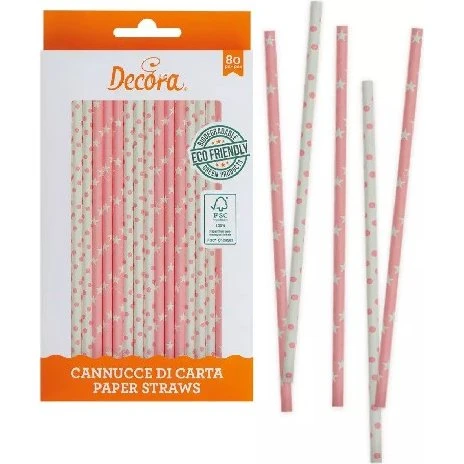 Decora Cannucce Stelle e Pois Rosa 80 pz