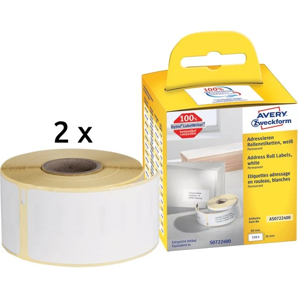 Avery Etichette AS0722400 36x89 mm Bianco, 2 Rotoli