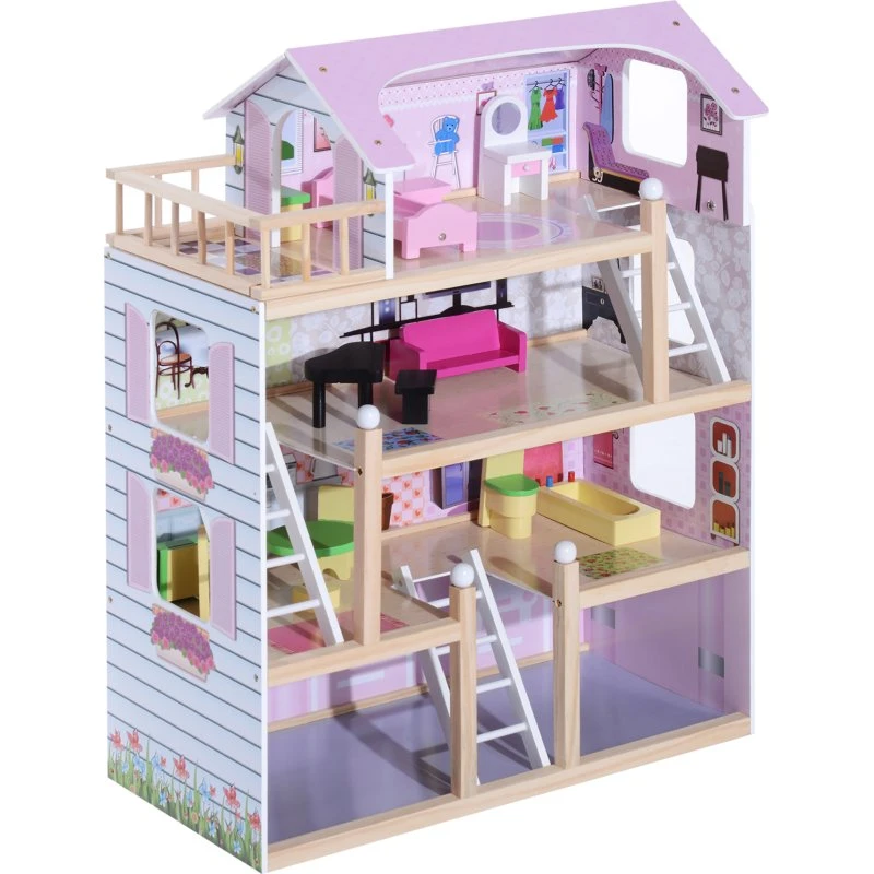 HOMCOM Casa delle Bambole 4 Piani in Legno Rosa 60x30x80 cm