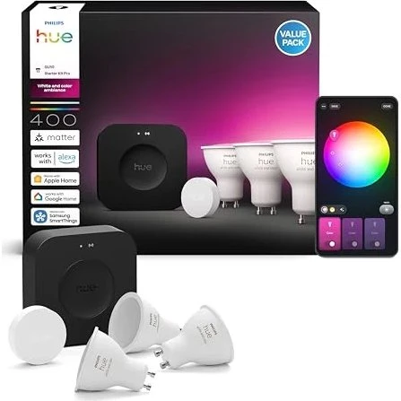 Philips Hue Starter Kit con Bridge Pro, 3 lampadine GU10 + Smart Button