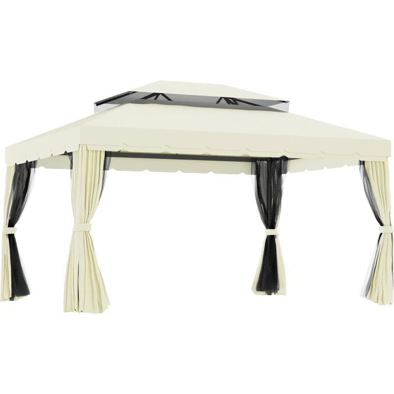Outsunny Gazebo 4x3m con Zanzariera, Tende e Doppio Tetto, Crema
