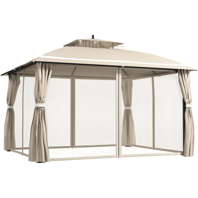 Outsunny Gazebo 3,7 x 3 m con Zanzariera e Tende Laterali Beige