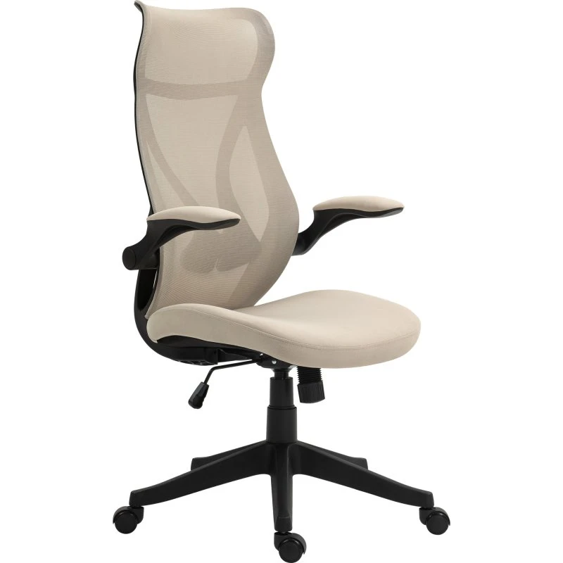 HOMCOM Sedia Ufficio Beige con Braccioli Ribaltabili, Altezza e Schienale Regolabili
