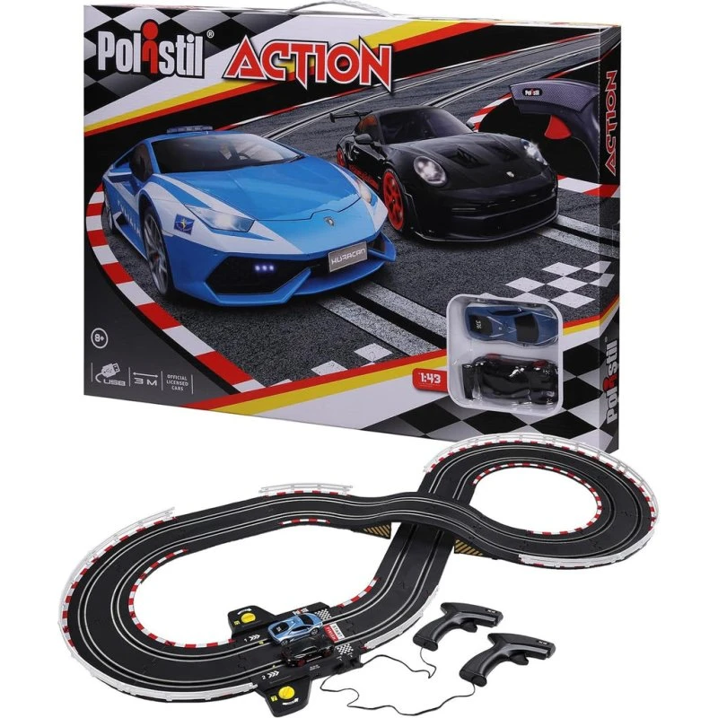 Bburago Polistil Action Pista Elettrica con Lamborghini Huracan Polizia e Porsche 911 GT3