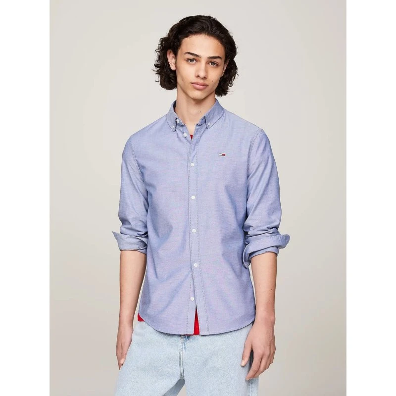 Tommy Jeans Camicia Blu Slim Fit Cotone Oxford